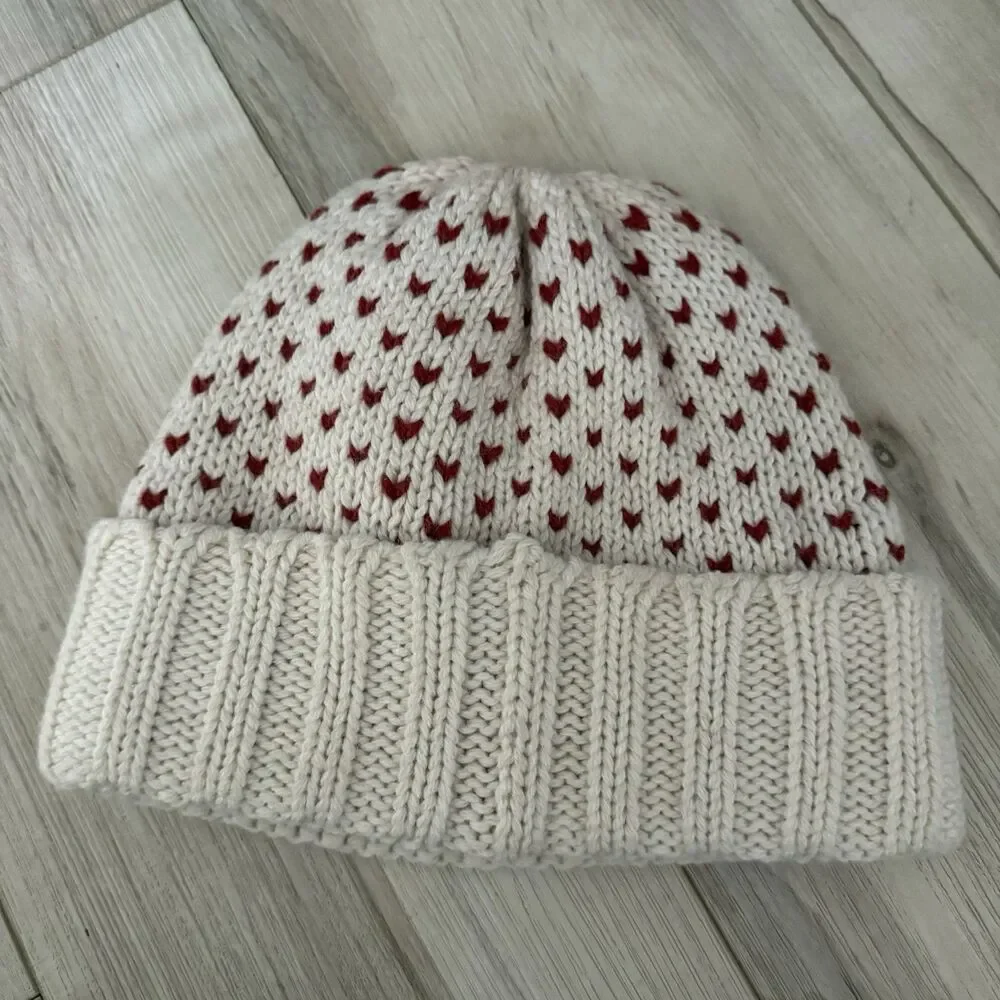 Patagonia Recycled Wool Beanie Hat Cream Red Fair Isle Heart Fleece Lined
